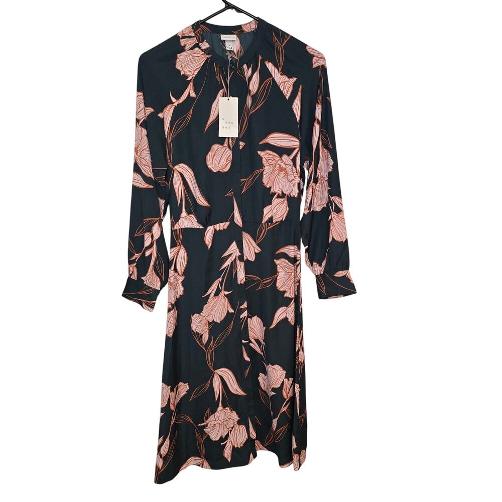 a new day Black/Orange Floral Sun Dress 3/4 Sleeve Button Up Size S